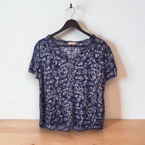 Mason & Belle Blue Floral Blouse L – Boho Button Front Peasant Top Rayon